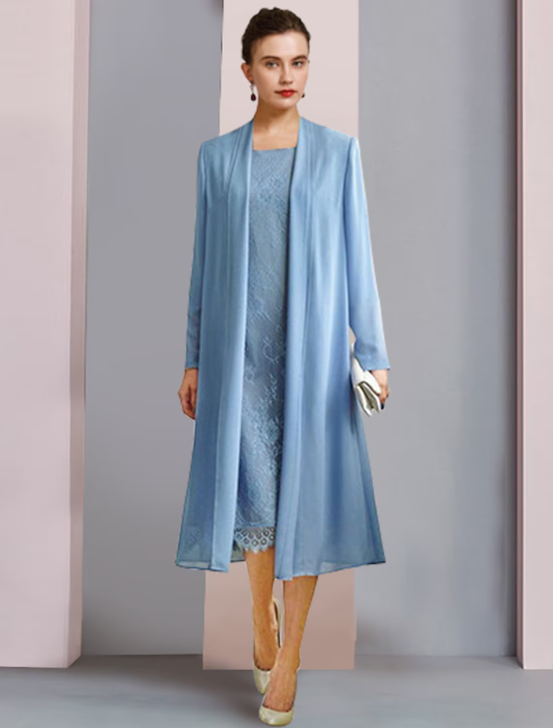 Luolandi Two Piece Sheath / Column Mother of the Bride Dress Formal Wedding Guest Party Elegant Scoop Neck Tea Length Chiffon Lace 3/4 Length Sleeve